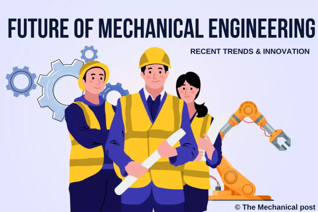 3 engineers with gears and robotic arm in background with text "Future of Mechanical Engineering"